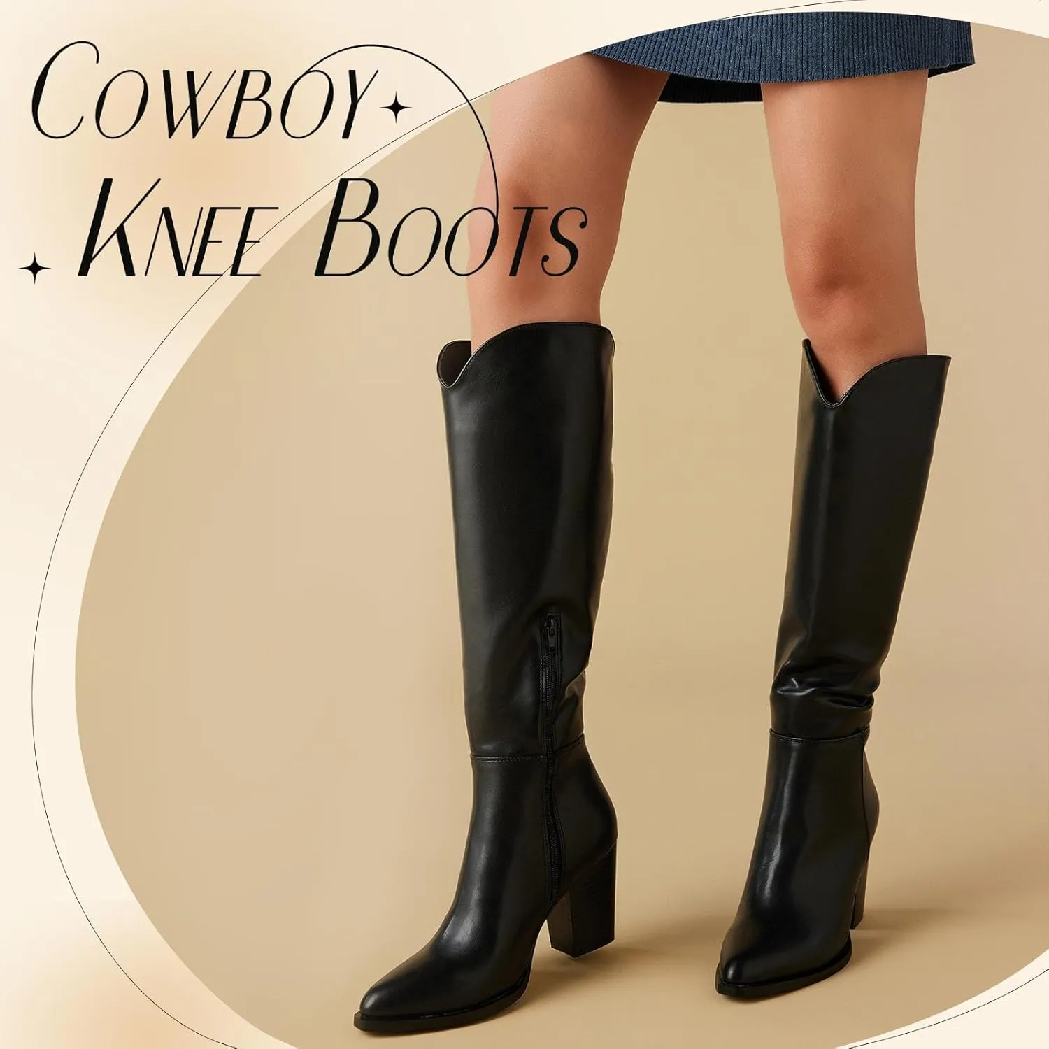 Putu Women's Knee High Boots High Heel Western Boots Pointed Toe Tall Boots Faux Leather