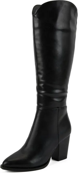 Putu Women's Knee High Boots High Heel Western Boots Pointed Toe Tall Boots Faux Leather