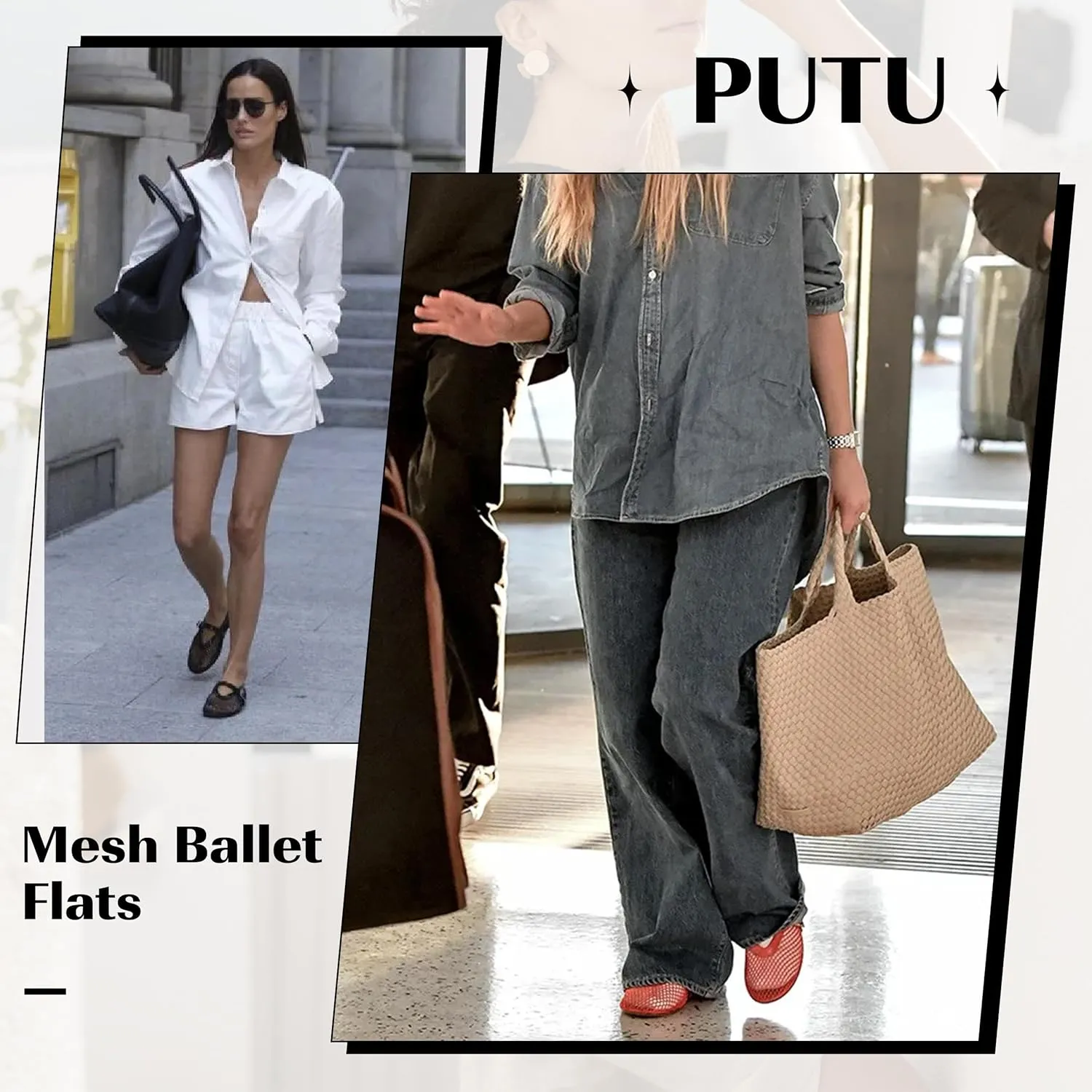 Putu Women's Mesh Ballet Flats Casual Office Flat Shoes Hollow Out Comfy Flats Ballerinas Shoes with Buckle Strap