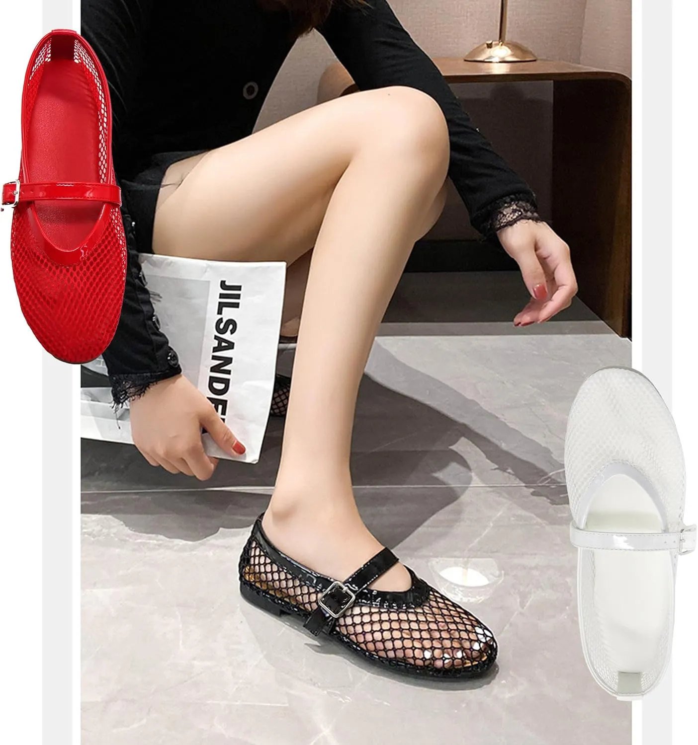 Putu Women's Mesh Ballet Flats Casual Office Flat Shoes Hollow Out Comfy Flats Ballerinas Shoes with Buckle Strap