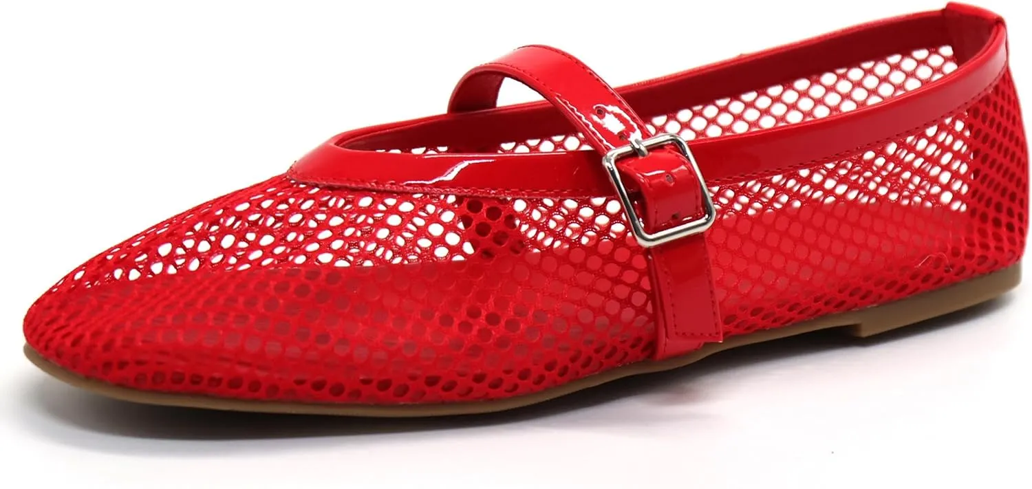 Putu Women's Mesh Ballet Flats Casual Office Flat Shoes Hollow Out Comfy Flats Ballerinas Shoes with Buckle Strap