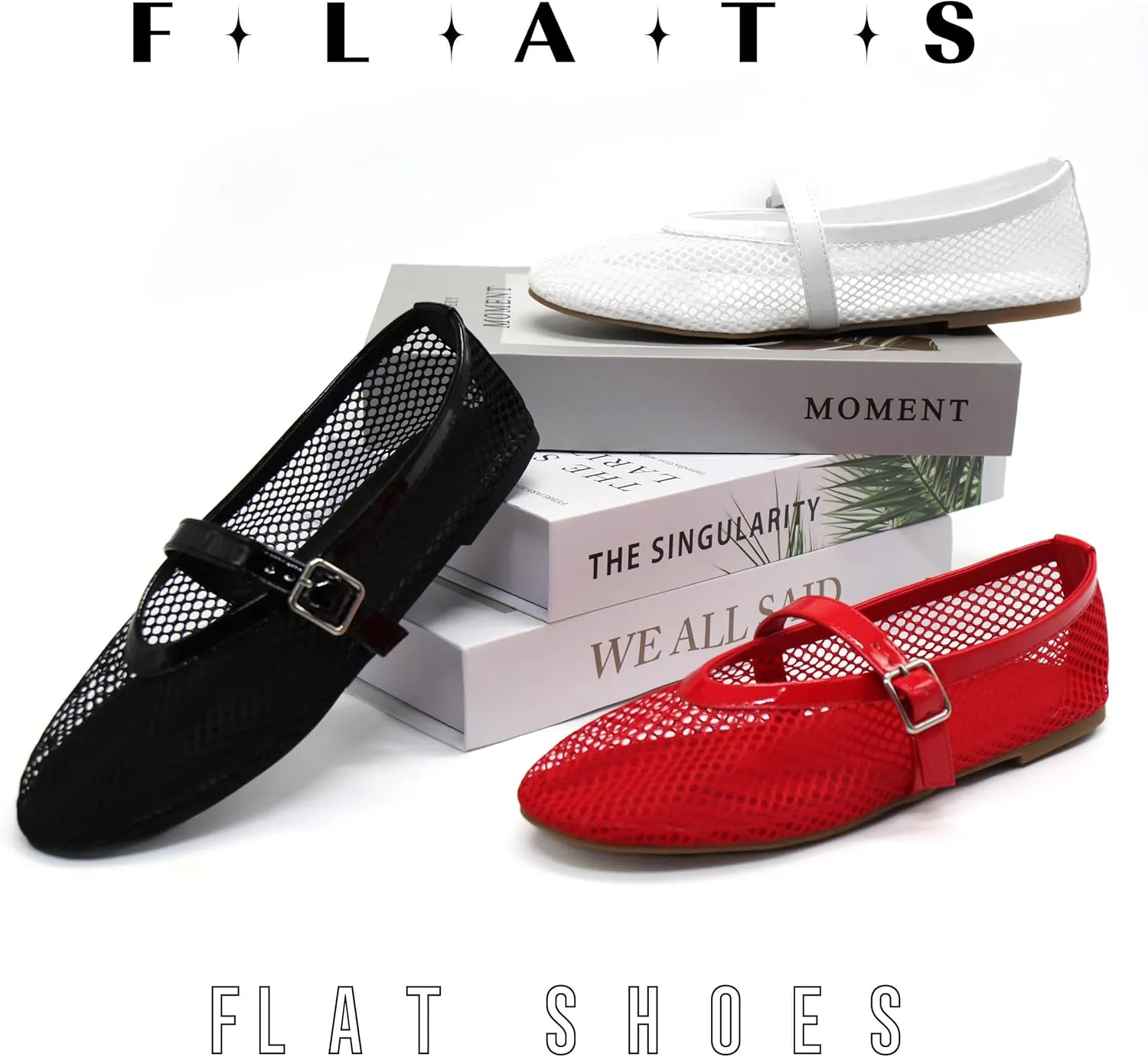 Putu Women's Mesh Ballet Flats Casual Office Flat Shoes Hollow Out Comfy Flats Ballerinas Shoes with Buckle Strap