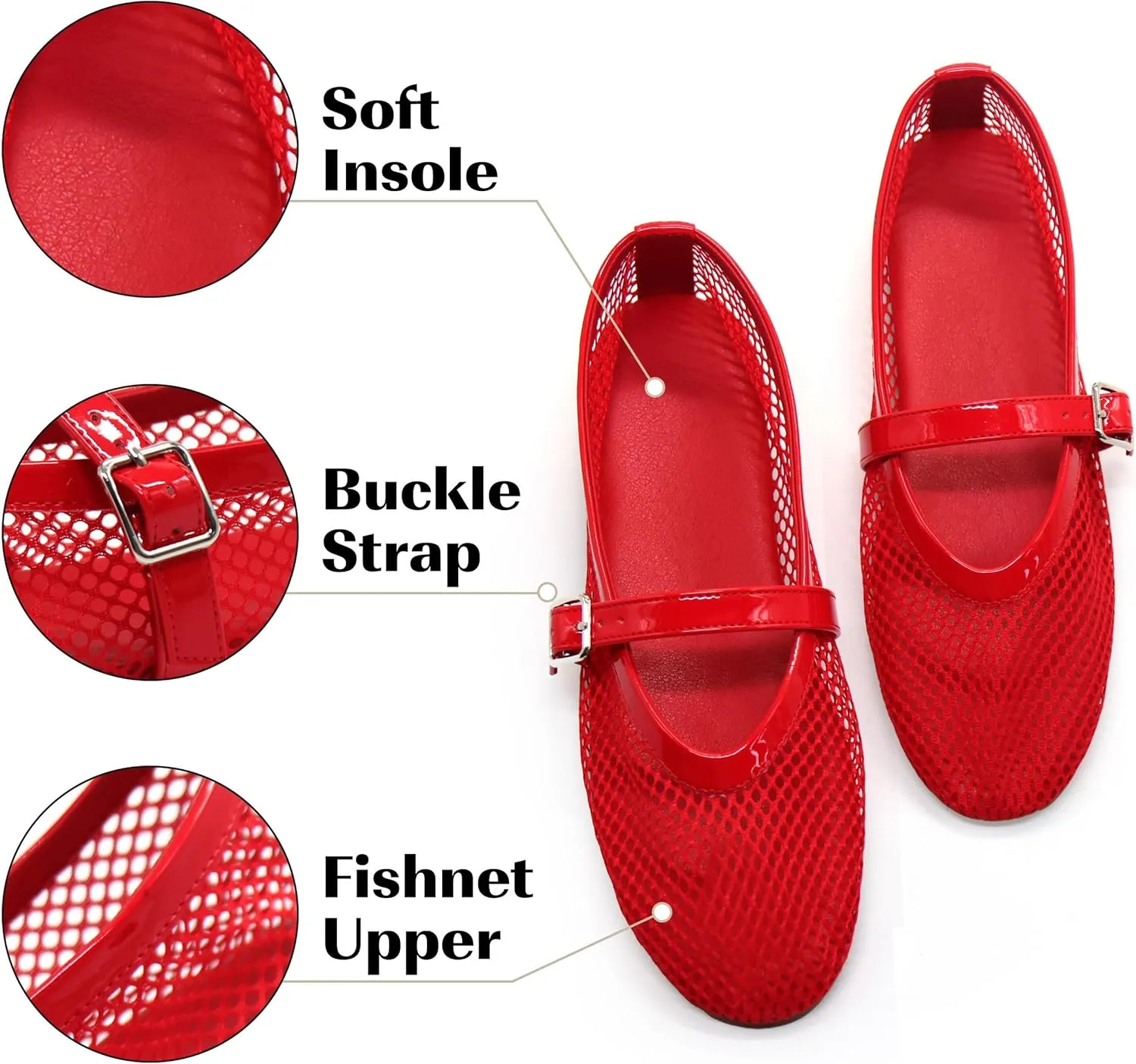 Putu Women's Mesh Ballet Flats Casual Office Flat Shoes Hollow Out Comfy Flats Ballerinas Shoes with Buckle Strap