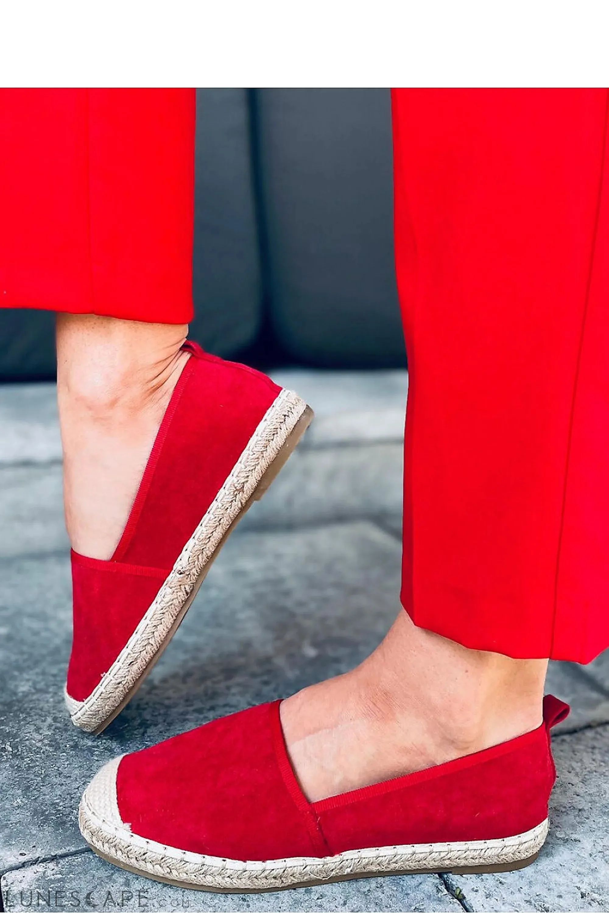 Red Eco-Suede Womens Espadrille Flats with Jute Cap Toe & Braided Midsole