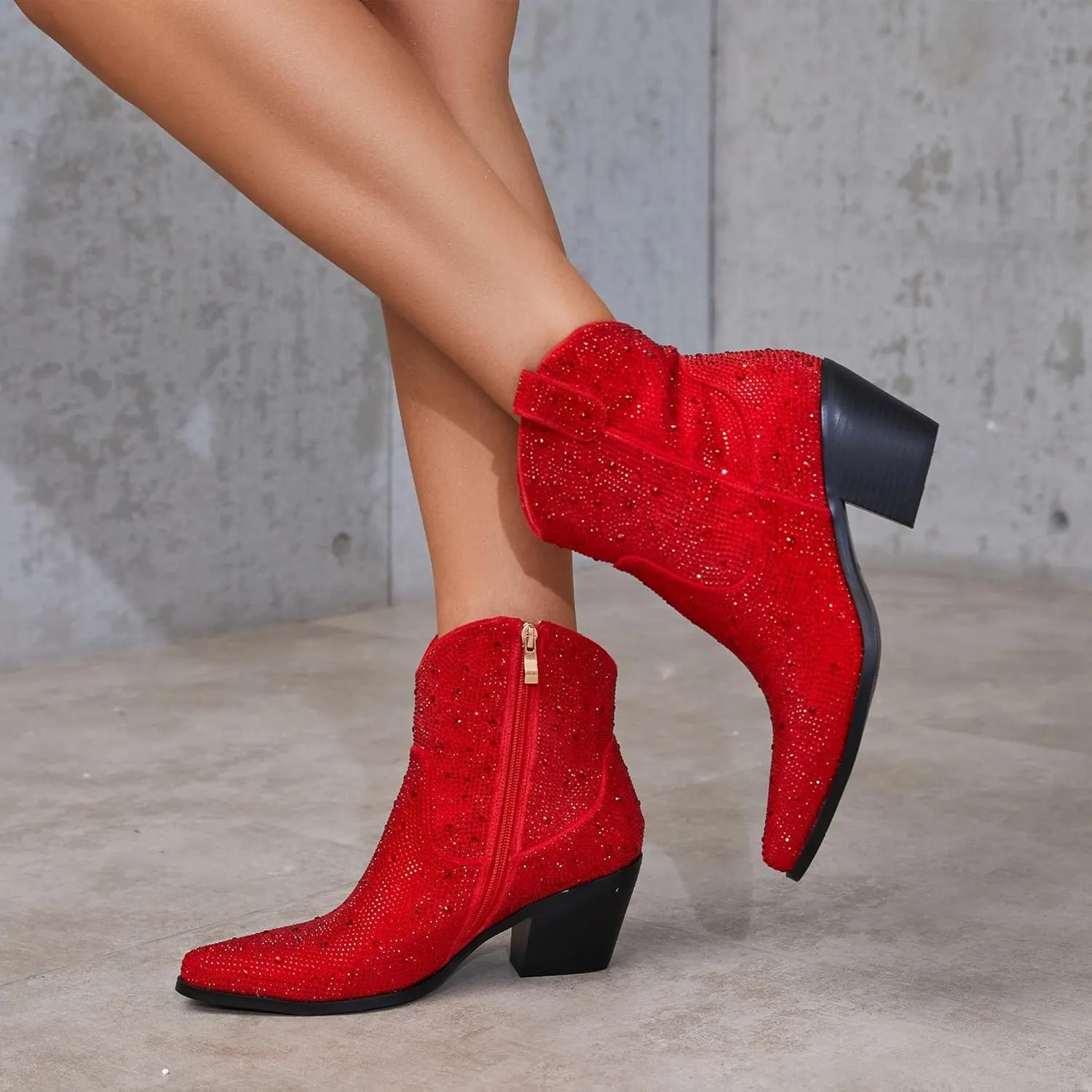Rhinestone Boots for Women Sparkly Cowgirl Boots Pointed Toe Chunky Heels Rhinestone Cowboy Boots