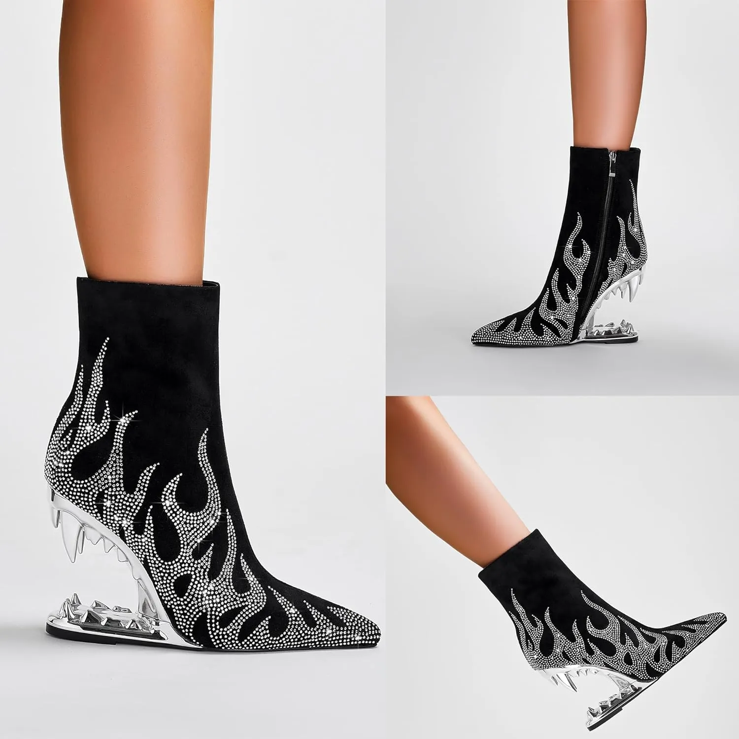 Rhinestone Sparkling Ankle Boots for Women Flame Shark Teeth Heel Booties Tiger Tooth High Heeled Glitter Boots