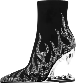 Rhinestone Sparkling Ankle Boots for Women Flame Shark Teeth Heel Booties Tiger Tooth High Heeled Glitter Boots