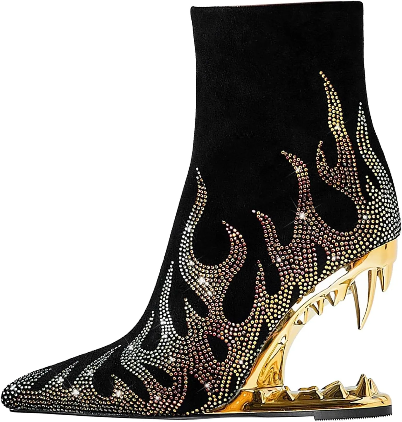 Rhinestone Sparkling Ankle Boots for Women Flame Shark Teeth Heel Booties Tiger Tooth High Heeled Glitter Boots