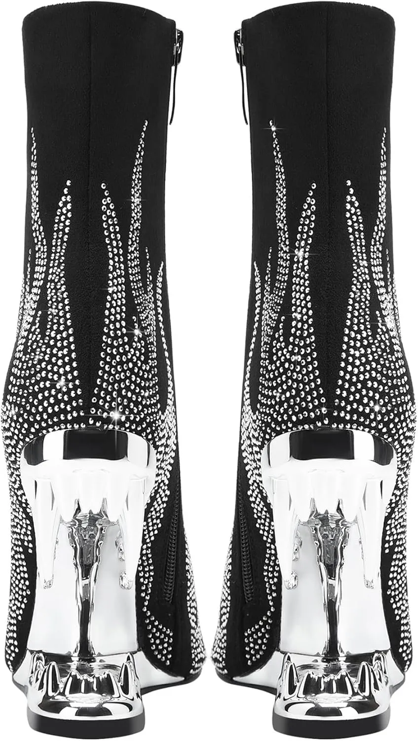 Rhinestone Sparkling Ankle Boots for Women Flame Shark Teeth Heel Booties Tiger Tooth High Heeled Glitter Boots