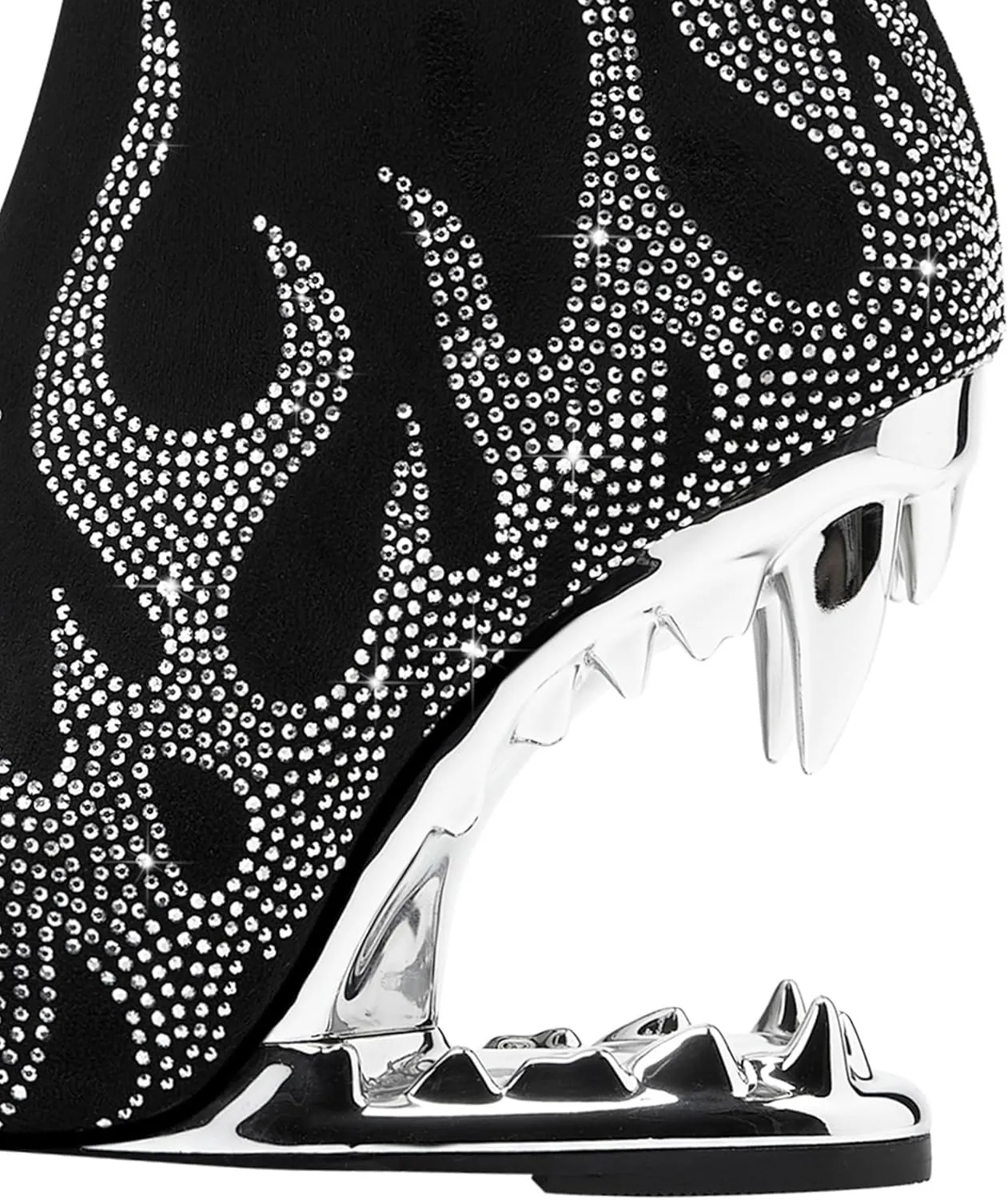 Rhinestone Sparkling Ankle Boots for Women Flame Shark Teeth Heel Booties Tiger Tooth High Heeled Glitter Boots
