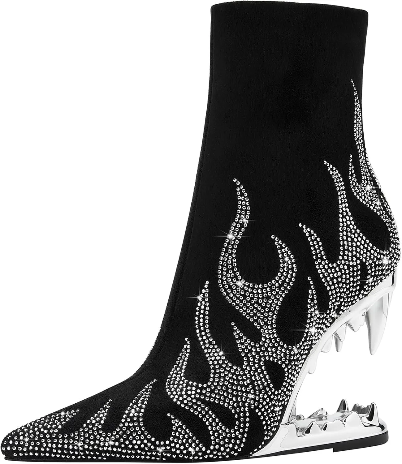 Rhinestone Sparkling Ankle Boots for Women Flame Shark Teeth Heel Booties Tiger Tooth High Heeled Glitter Boots