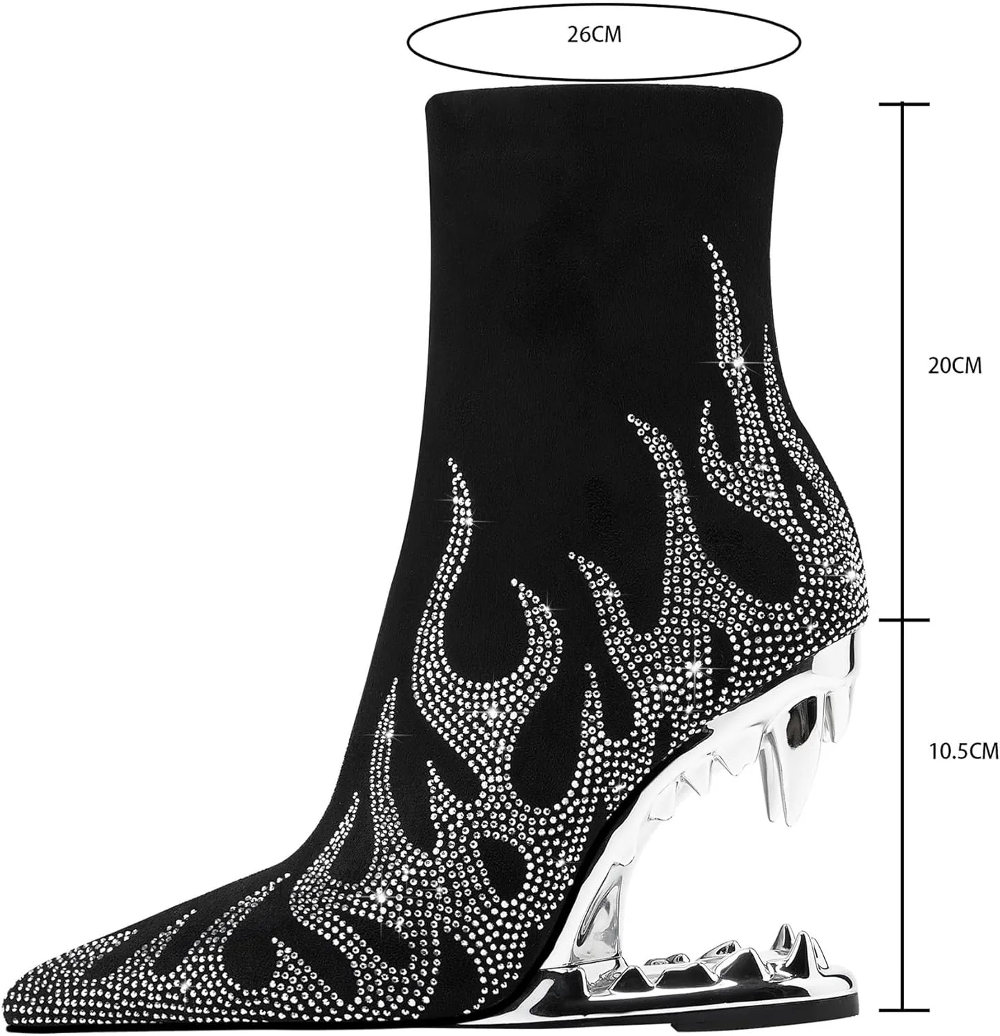 Rhinestone Sparkling Ankle Boots for Women Flame Shark Teeth Heel Booties Tiger Tooth High Heeled Glitter Boots