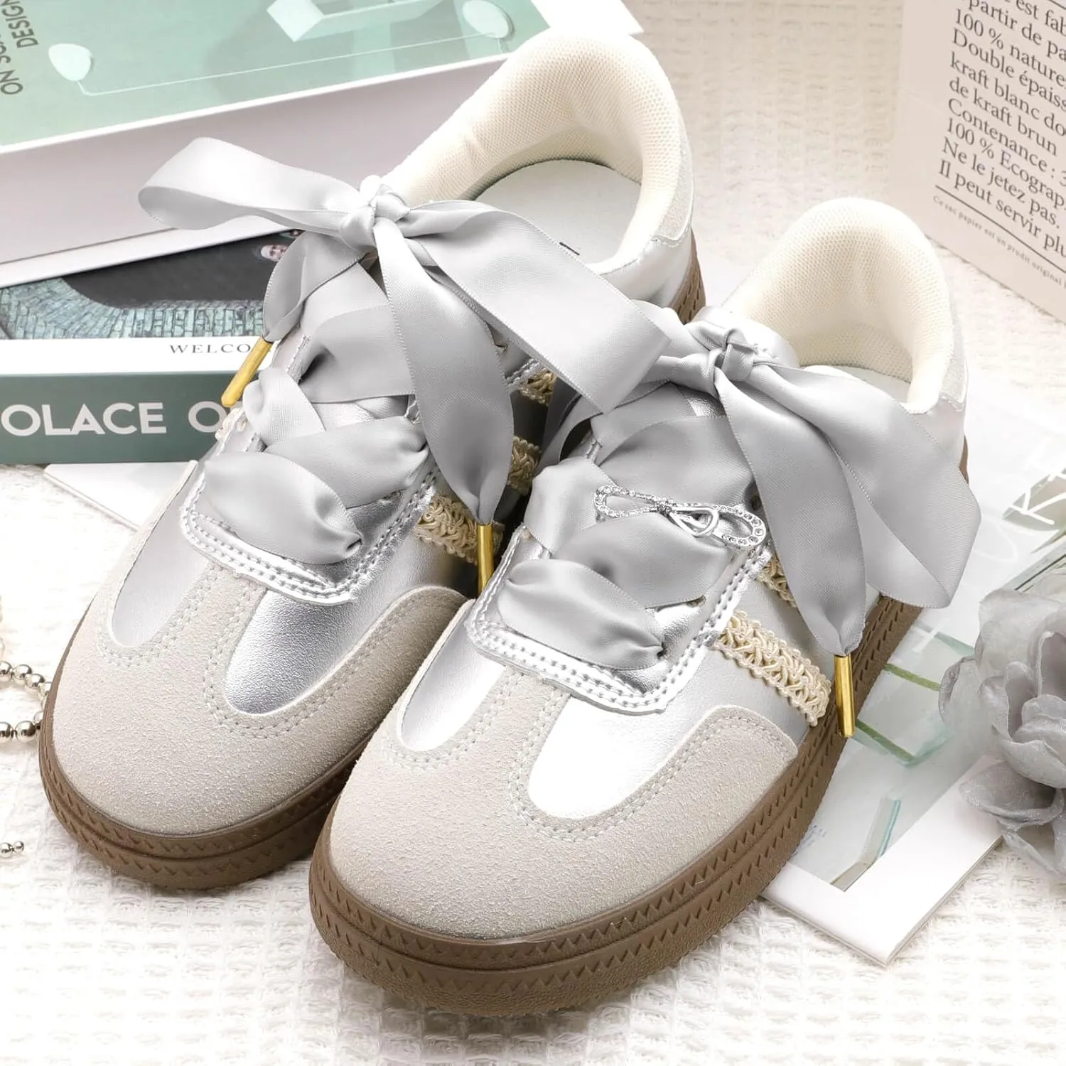 Ribbon Satin Sneakers Shoelaces: 2 Pair 22mm Wide Flat Silk Shoe Laces