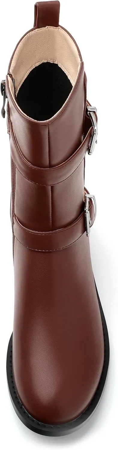 ROSERWISH Mid Calf Boots for Women Riding Ankle Boots Round Toe Low Chunky Heel Short Boots Fashion Fall Winter Combat Booties Buckle Style Dress Boots with Zipper