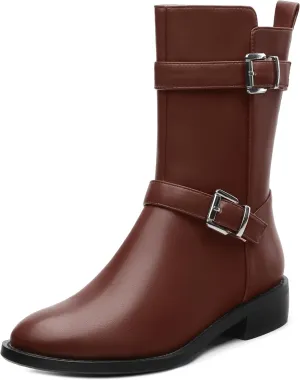 ROSERWISH Mid Calf Boots for Women Riding Ankle Boots Round Toe Low Chunky Heel Short Boots Fashion Fall Winter Combat Booties Buckle Style Dress Boots with Zipper