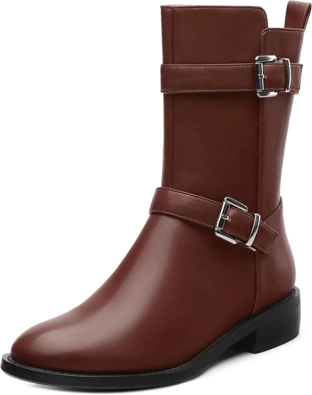 ROSERWISH Mid Calf Boots for Women Riding Ankle Boots Round Toe Low Chunky Heel Short Boots Fashion Fall Winter Combat Booties Buckle Style Dress Boots with Zipper
