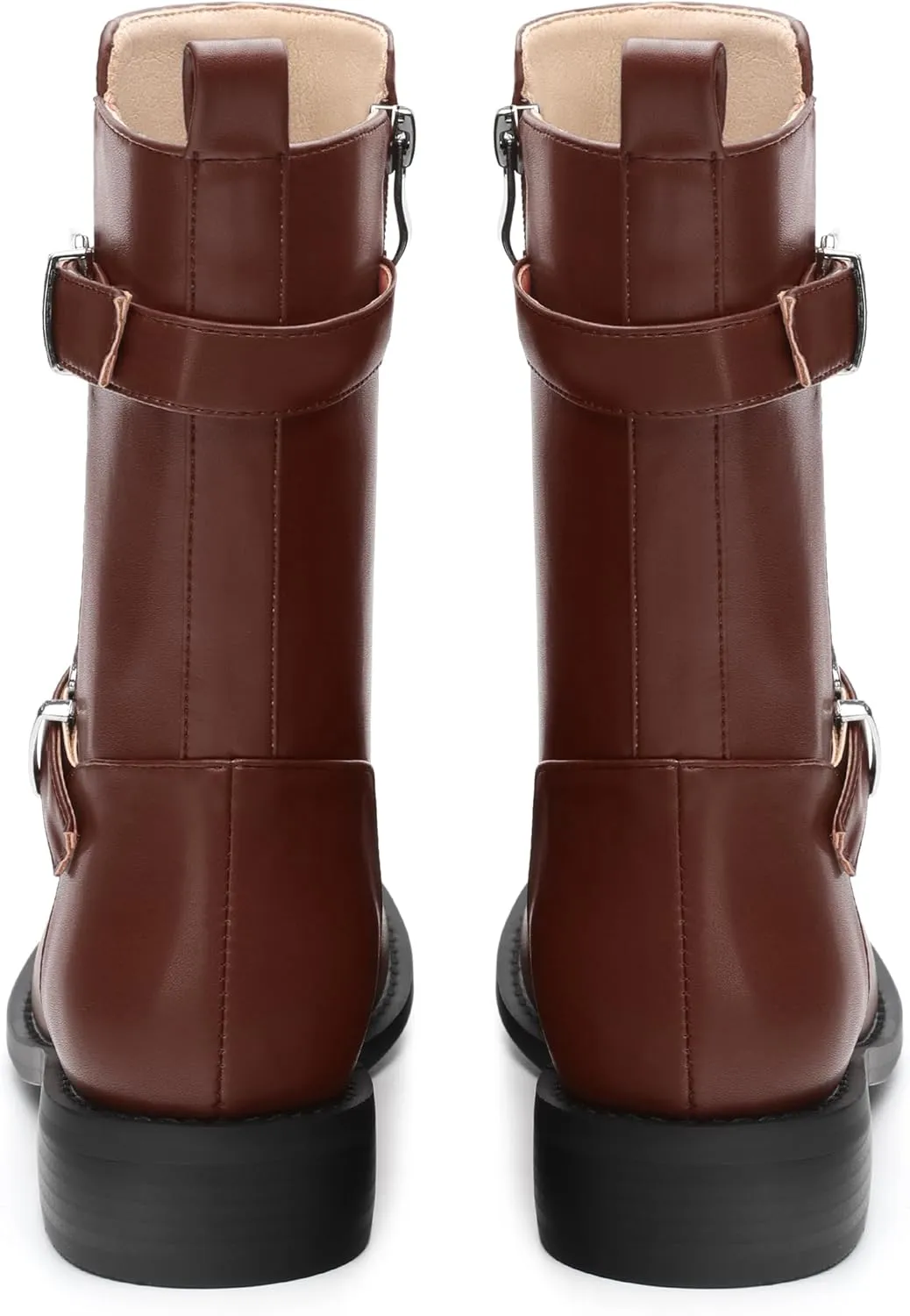 ROSERWISH Mid Calf Boots for Women Riding Ankle Boots Round Toe Low Chunky Heel Short Boots Fashion Fall Winter Combat Booties Buckle Style Dress Boots with Zipper