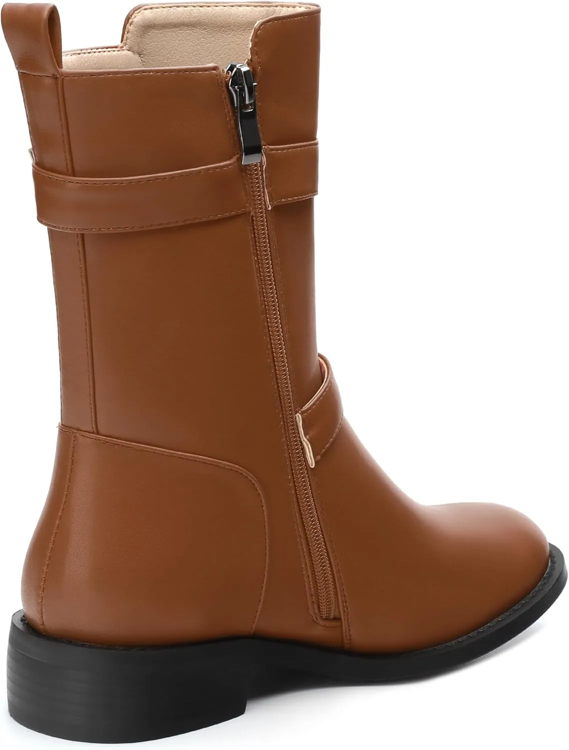 ROSERWISH Mid Calf Boots for Women Riding Ankle Boots Round Toe Low Chunky Heel Short Boots Fashion Fall Winter Combat Booties Buckle Style Dress Boots with Zipper