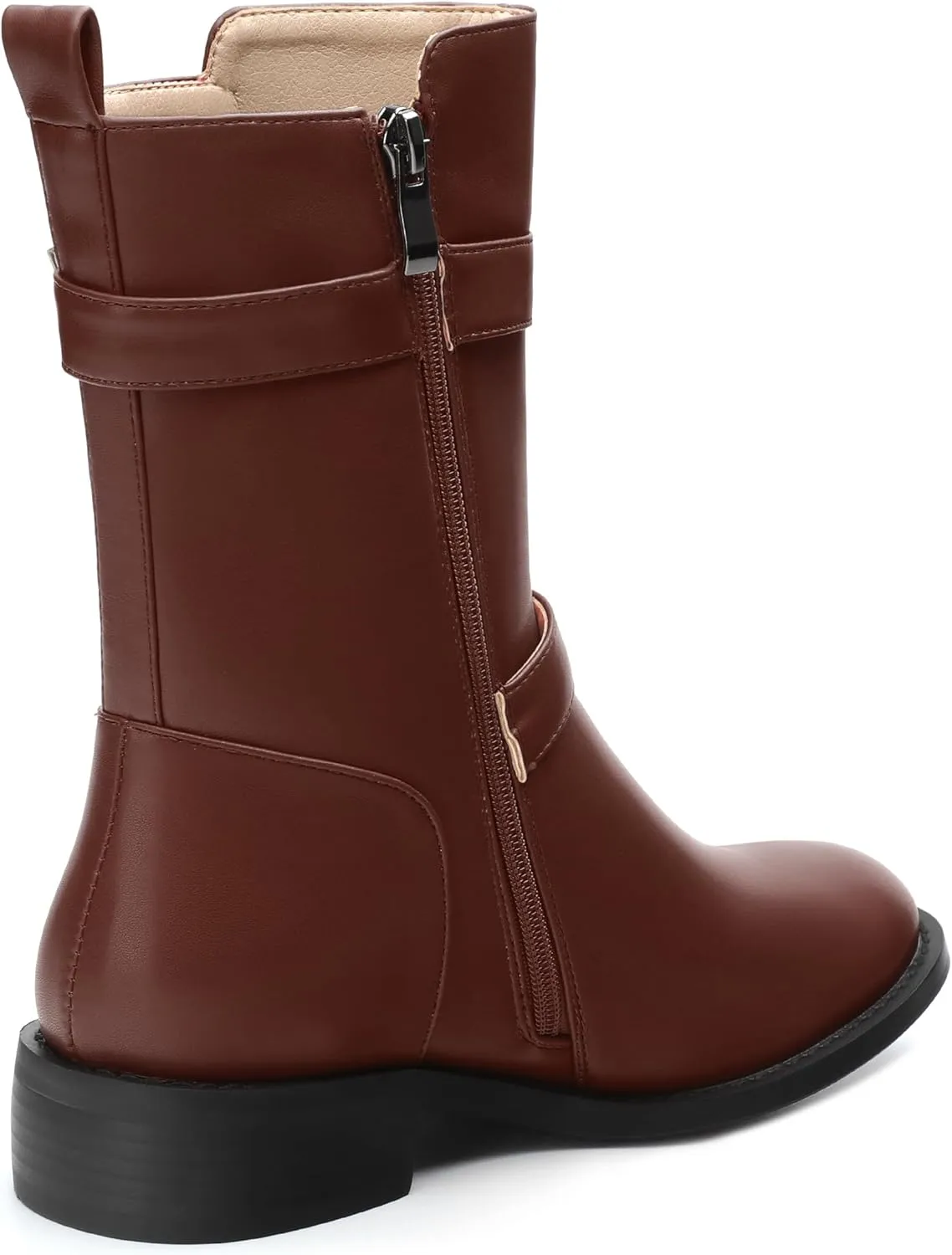 ROSERWISH Mid Calf Boots for Women Riding Ankle Boots Round Toe Low Chunky Heel Short Boots Fashion Fall Winter Combat Booties Buckle Style Dress Boots with Zipper