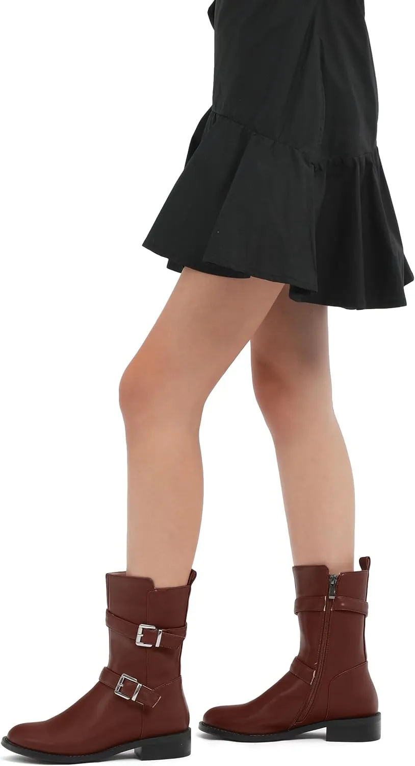 ROSERWISH Mid Calf Boots for Women Riding Ankle Boots Round Toe Low Chunky Heel Short Boots Fashion Fall Winter Combat Booties Buckle Style Dress Boots with Zipper