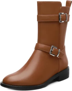 ROSERWISH Mid Calf Boots for Women Riding Ankle Boots Round Toe Low Chunky Heel Short Boots Fashion Fall Winter Combat Booties Buckle Style Dress Boots with Zipper