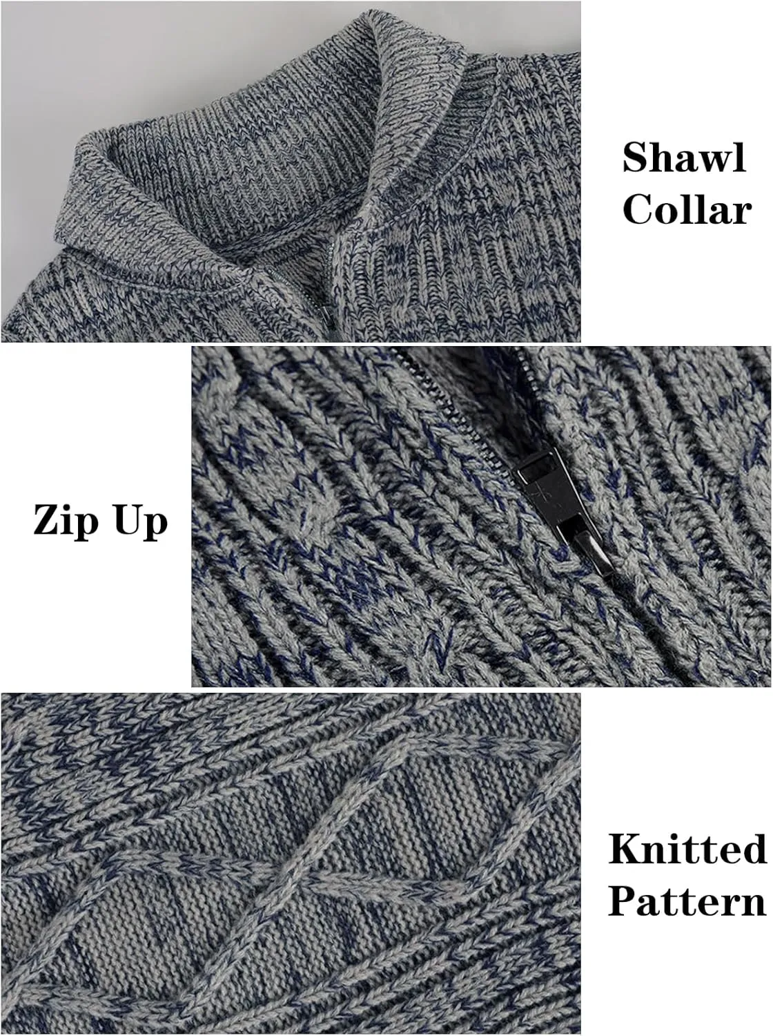 Ryannology Mens Shawl Neck Cardigan Sweater Cable Knit Zip Up Closure with Pockets Winter Sweaters Outerwear