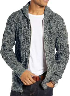 Ryannology Mens Shawl Neck Cardigan Sweater Cable Knit Zip Up Closure with Pockets Winter Sweaters Outerwear