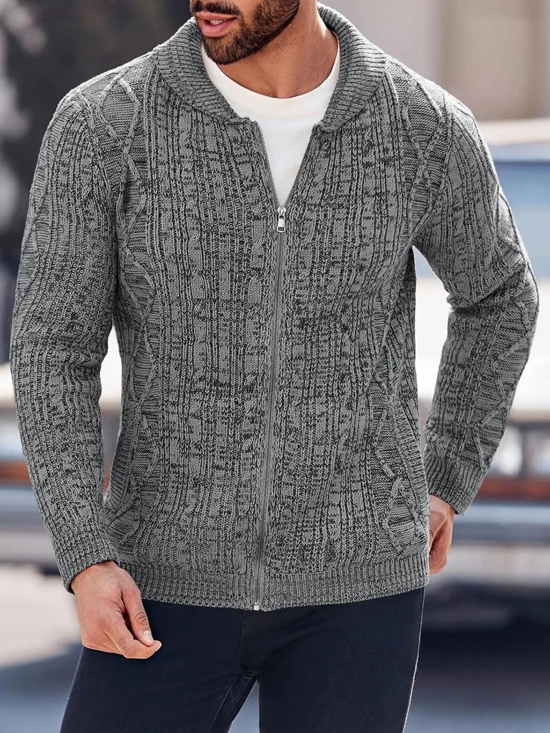 Ryannology Mens Shawl Neck Cardigan Sweater Cable Knit Zip Up Closure with Pockets Winter Sweaters Outerwear