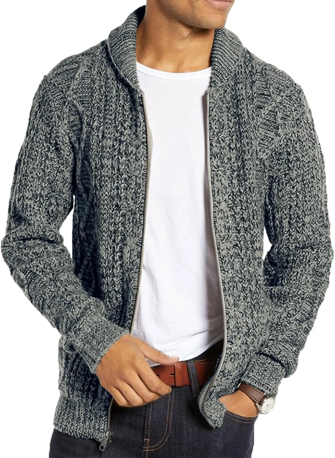 Ryannology Mens Shawl Neck Cardigan Sweater Cable Knit Zip Up Closure with Pockets Winter Sweaters Outerwear