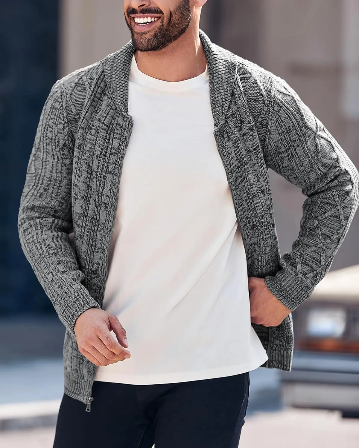 Ryannology Mens Shawl Neck Cardigan Sweater Cable Knit Zip Up Closure with Pockets Winter Sweaters Outerwear