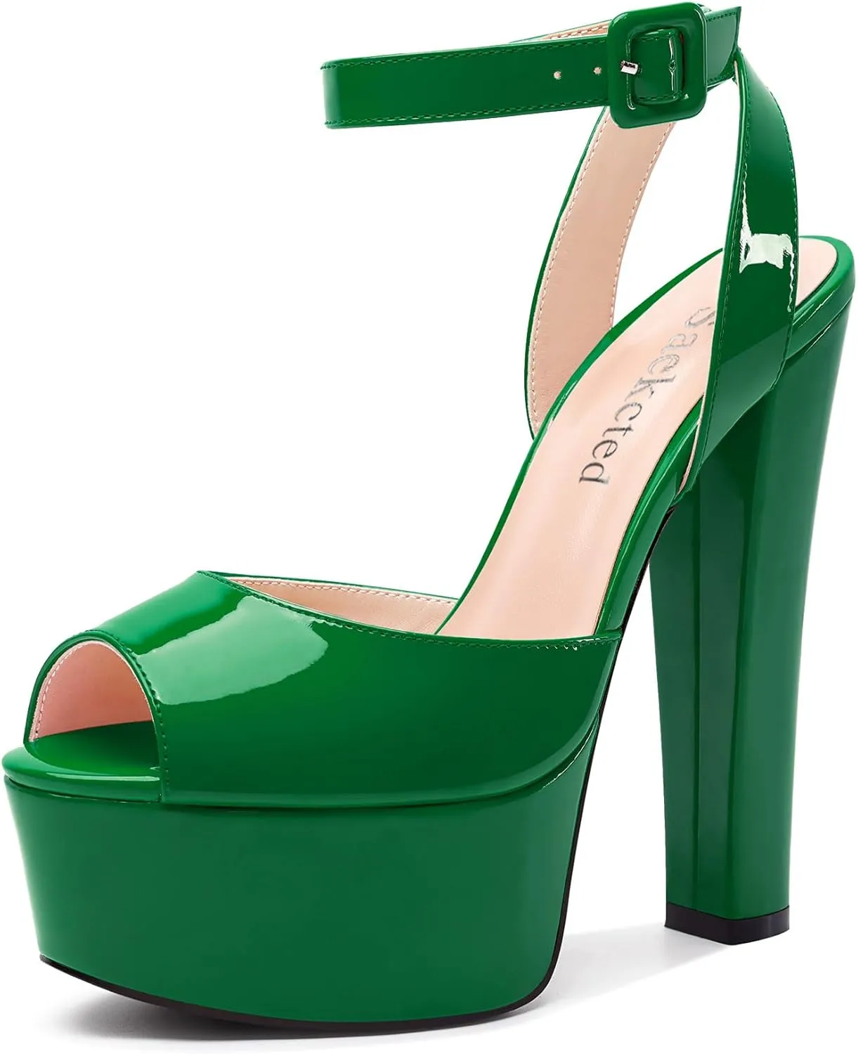 Saekcted Womens Chunky Block High Heel Peep Open Toe Platform Sandals Ankle Strap Buckle Dress Shoes Prom Party 5.9 Inches Heels