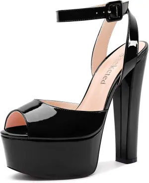 Saekcted Womens Chunky Block High Heel Peep Open Toe Platform Sandals Ankle Strap Buckle Dress Shoes Prom Party 5.9 Inches Heels