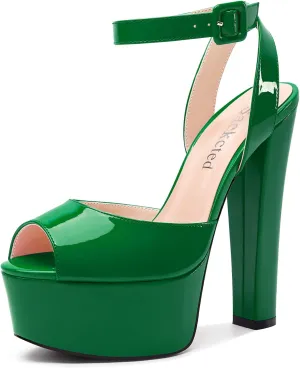 Saekcted Womens Chunky Block High Heel Peep Open Toe Platform Sandals Ankle Strap Buckle Dress Shoes Prom Party 5.9 Inches Heels