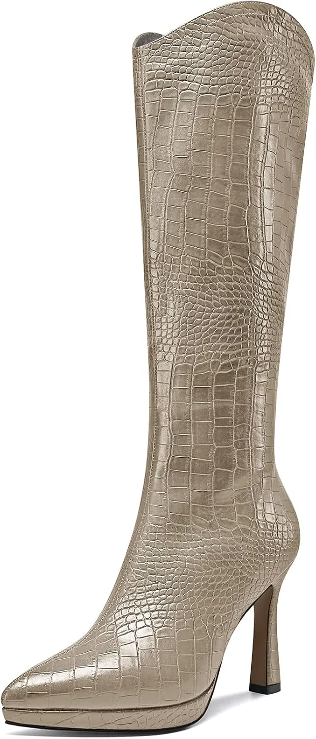 Saekcted Womens Stiletto High Heel Pointed Toe Mid Calf Boots Platform Slip-on Zipper Dress Shoes Prom Party Winter 3.9 Inches Heels