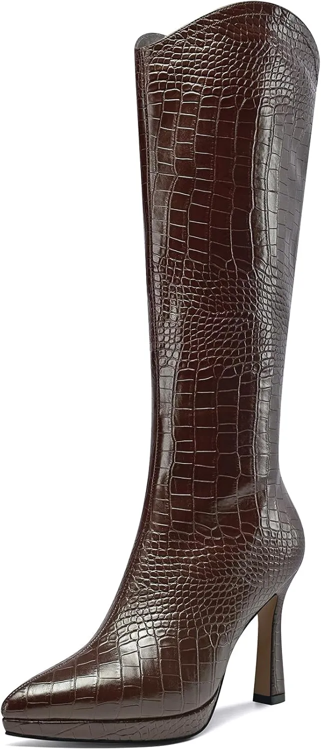 Saekcted Womens Stiletto High Heel Pointed Toe Mid Calf Boots Platform Slip-on Zipper Dress Shoes Prom Party Winter 3.9 Inches Heels