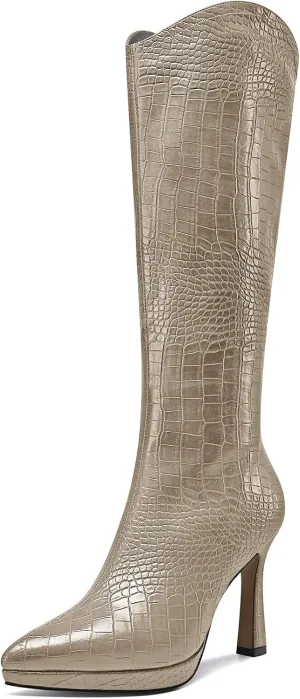 Saekcted Womens Stiletto High Heel Pointed Toe Mid Calf Boots Platform Slip-on Zipper Dress Shoes Prom Party Winter 3.9 Inches Heels