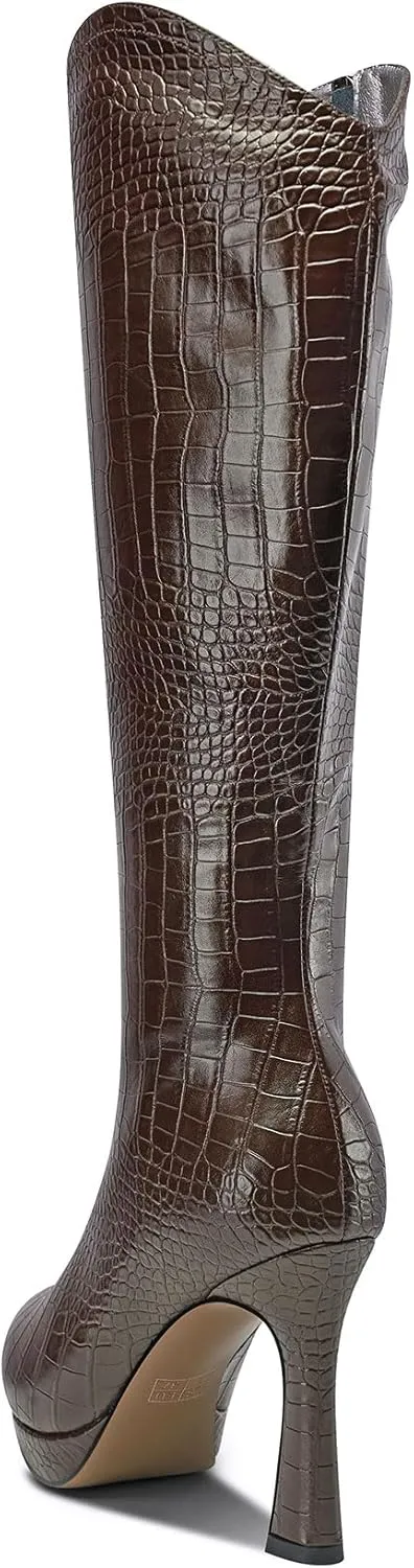 Saekcted Womens Stiletto High Heel Pointed Toe Mid Calf Boots Platform Slip-on Zipper Dress Shoes Prom Party Winter 3.9 Inches Heels