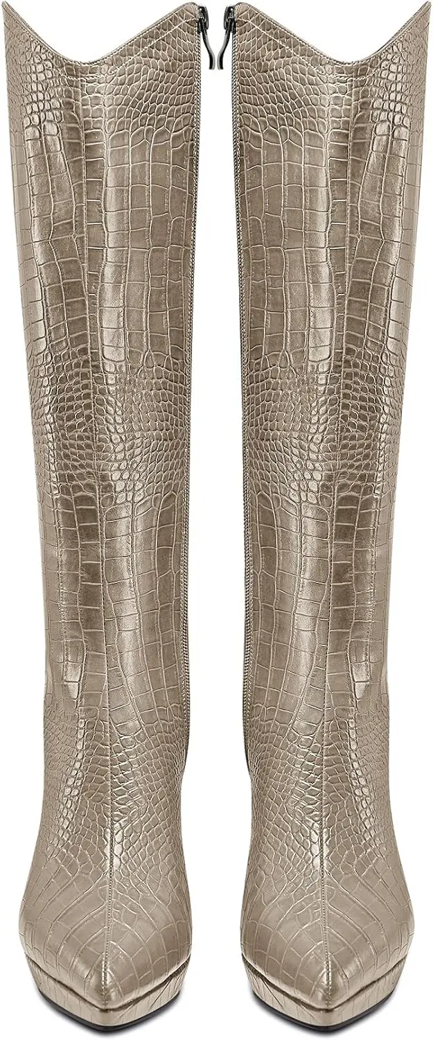 Saekcted Womens Stiletto High Heel Pointed Toe Mid Calf Boots Platform Slip-on Zipper Dress Shoes Prom Party Winter 3.9 Inches Heels