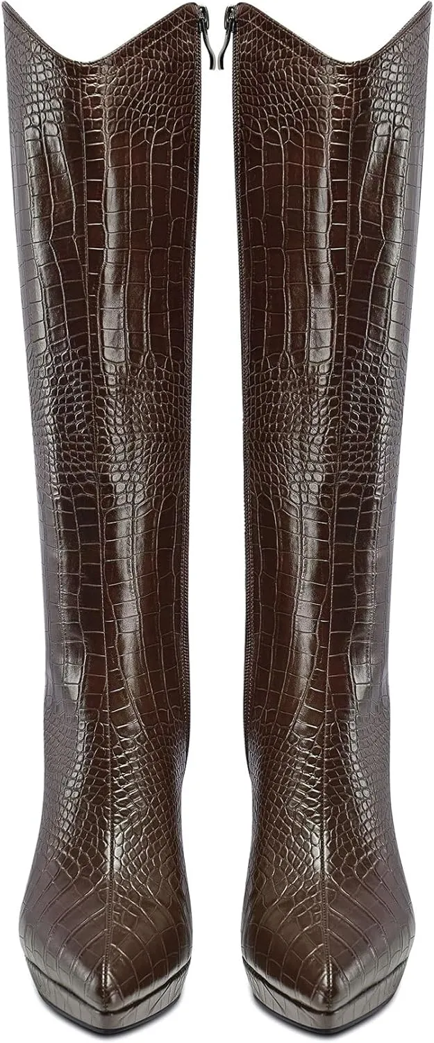 Saekcted Womens Stiletto High Heel Pointed Toe Mid Calf Boots Platform Slip-on Zipper Dress Shoes Prom Party Winter 3.9 Inches Heels