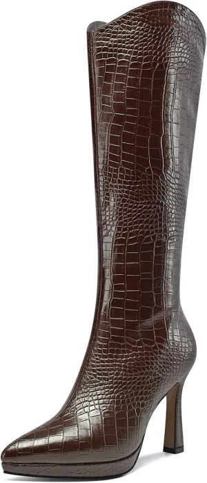 Saekcted Womens Stiletto High Heel Pointed Toe Mid Calf Boots Platform Slip-on Zipper Dress Shoes Prom Party Winter 3.9 Inches Heels