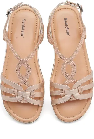 Saidoteto Women's Wide Width Flat Sandals,Casual Open Toe Strappy Slip-on Summer Dressy Sandals with Sparkling Rhinestones