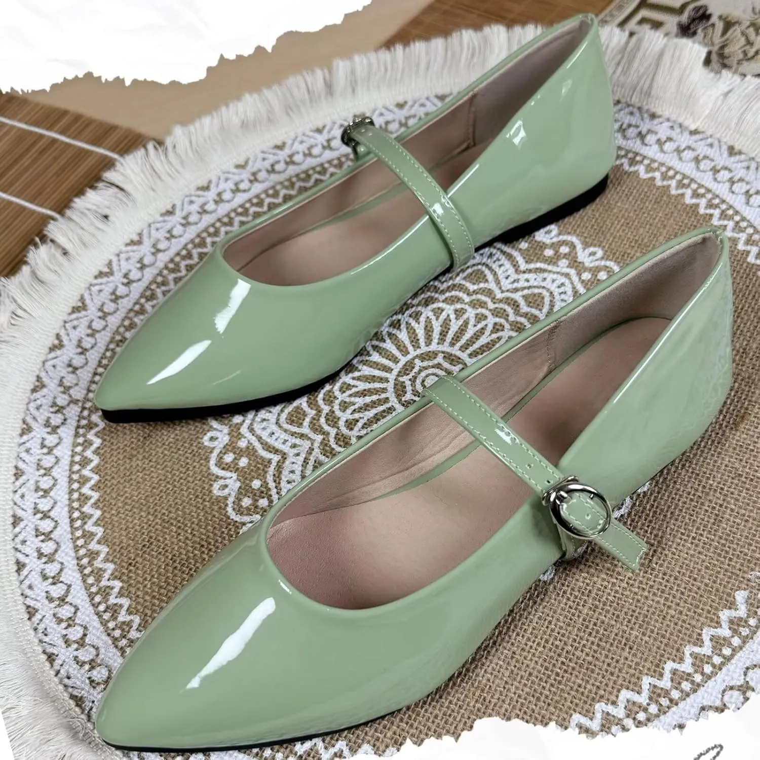 SAILING LU Women's Pointy Toe Mary Jane Flats PU Leather Buckle Fashion Vintage Wedding Dress Flats Shoes