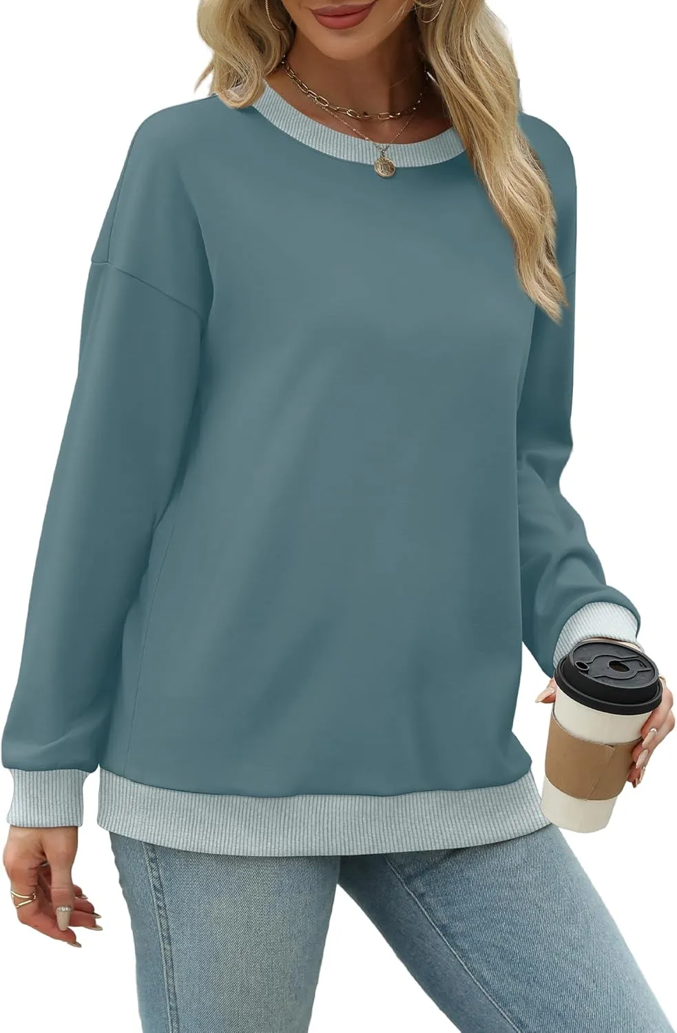 Saloogoe Sweatshirts for Women Crewneck Long Sleeve Loose Fit Tops Color Block Ribbed Trim Fashion 2024