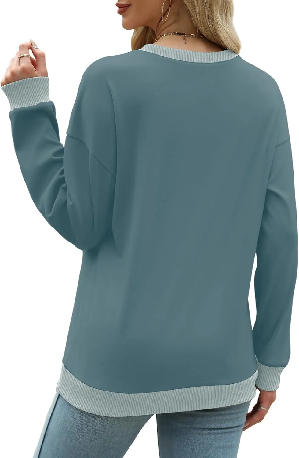 Saloogoe Sweatshirts for Women Crewneck Long Sleeve Loose Fit Tops Color Block Ribbed Trim Fashion 2024