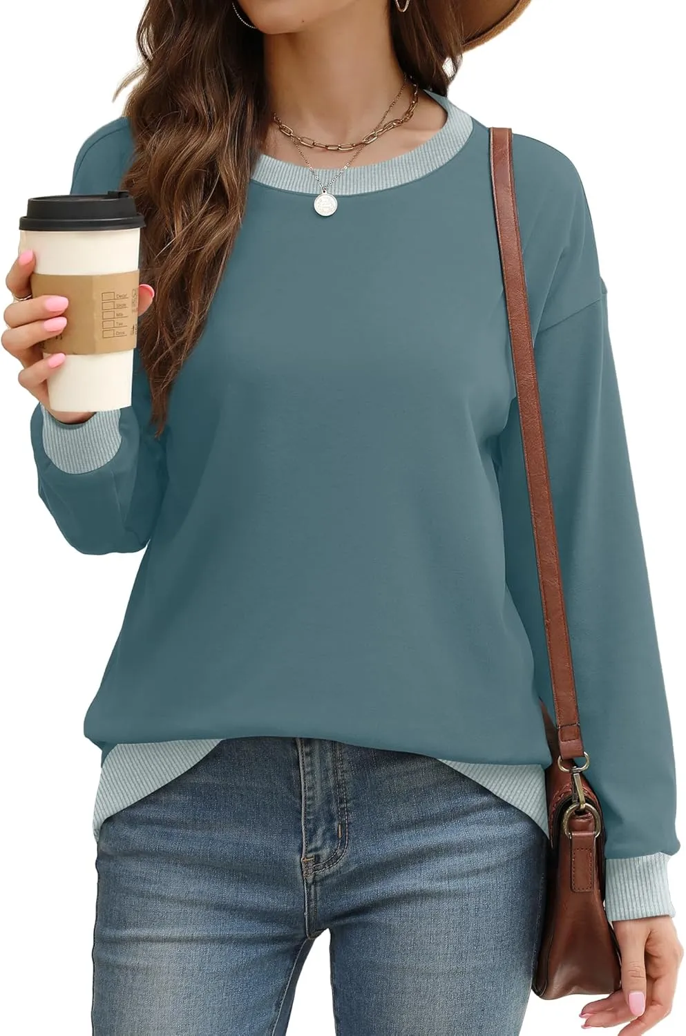 Saloogoe Sweatshirts for Women Crewneck Long Sleeve Loose Fit Tops Color Block Ribbed Trim Fashion 2024
