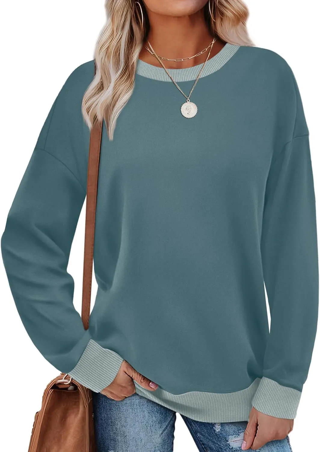 Saloogoe Sweatshirts for Women Crewneck Long Sleeve Loose Fit Tops Color Block Ribbed Trim Fashion 2024