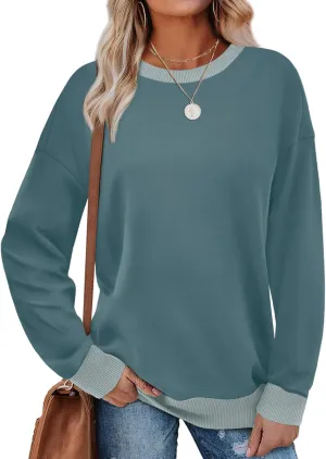 Saloogoe Sweatshirts for Women Crewneck Long Sleeve Loose Fit Tops Color Block Ribbed Trim Fashion 2024