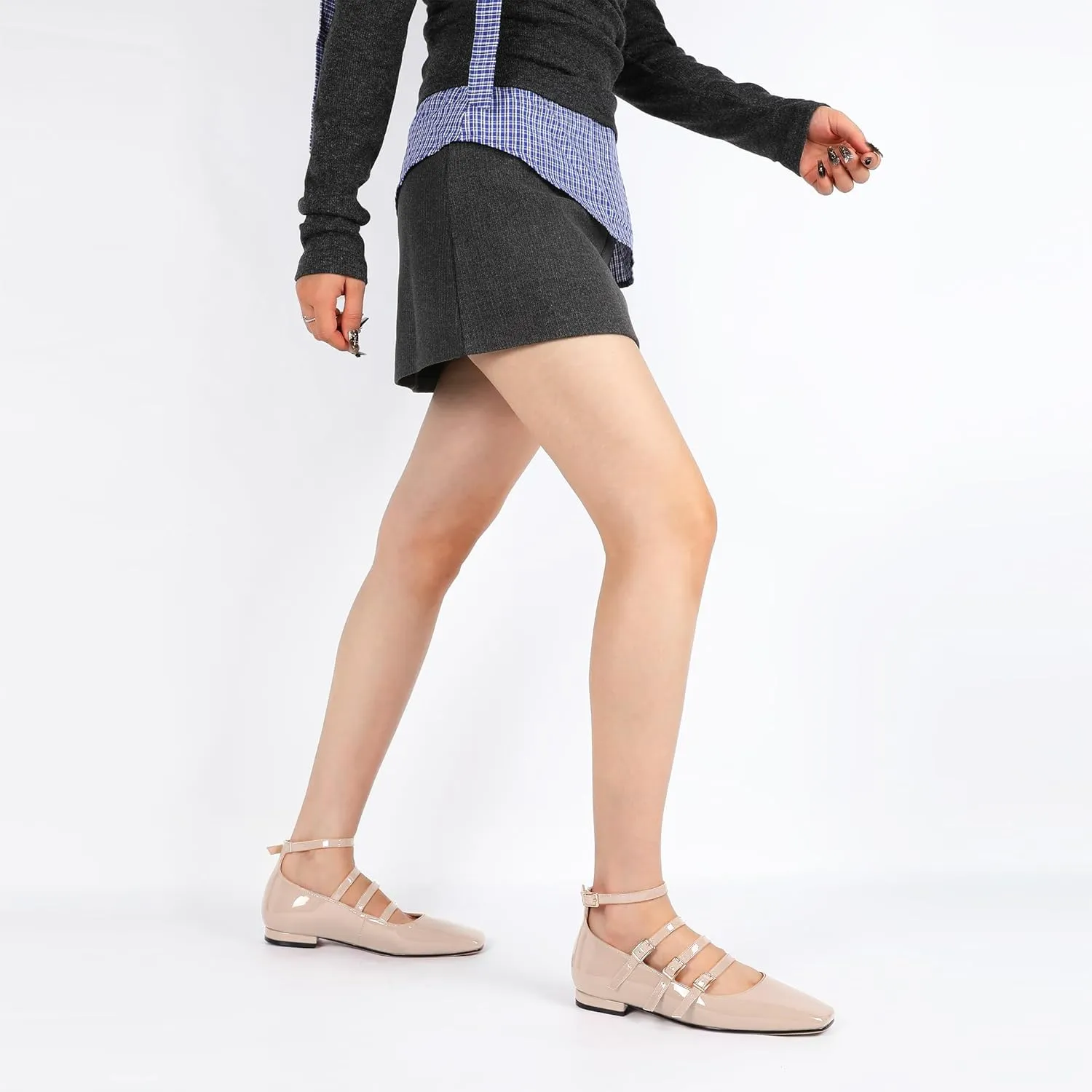 SAMMITOP Mary Jane Shoes Women Ballet Flats Low Block Heel Square Toe Flats Ankle Strap Pumps Wedding Dressy
