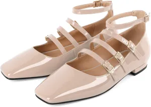 SAMMITOP Mary Jane Shoes Women Ballet Flats Low Block Heel Square Toe Flats Ankle Strap Pumps Wedding Dressy