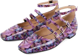 SAMMITOP Mary Jane Shoes Women Ballet Flats Low Block Heel Square Toe Flats Ankle Strap Pumps Wedding Dressy